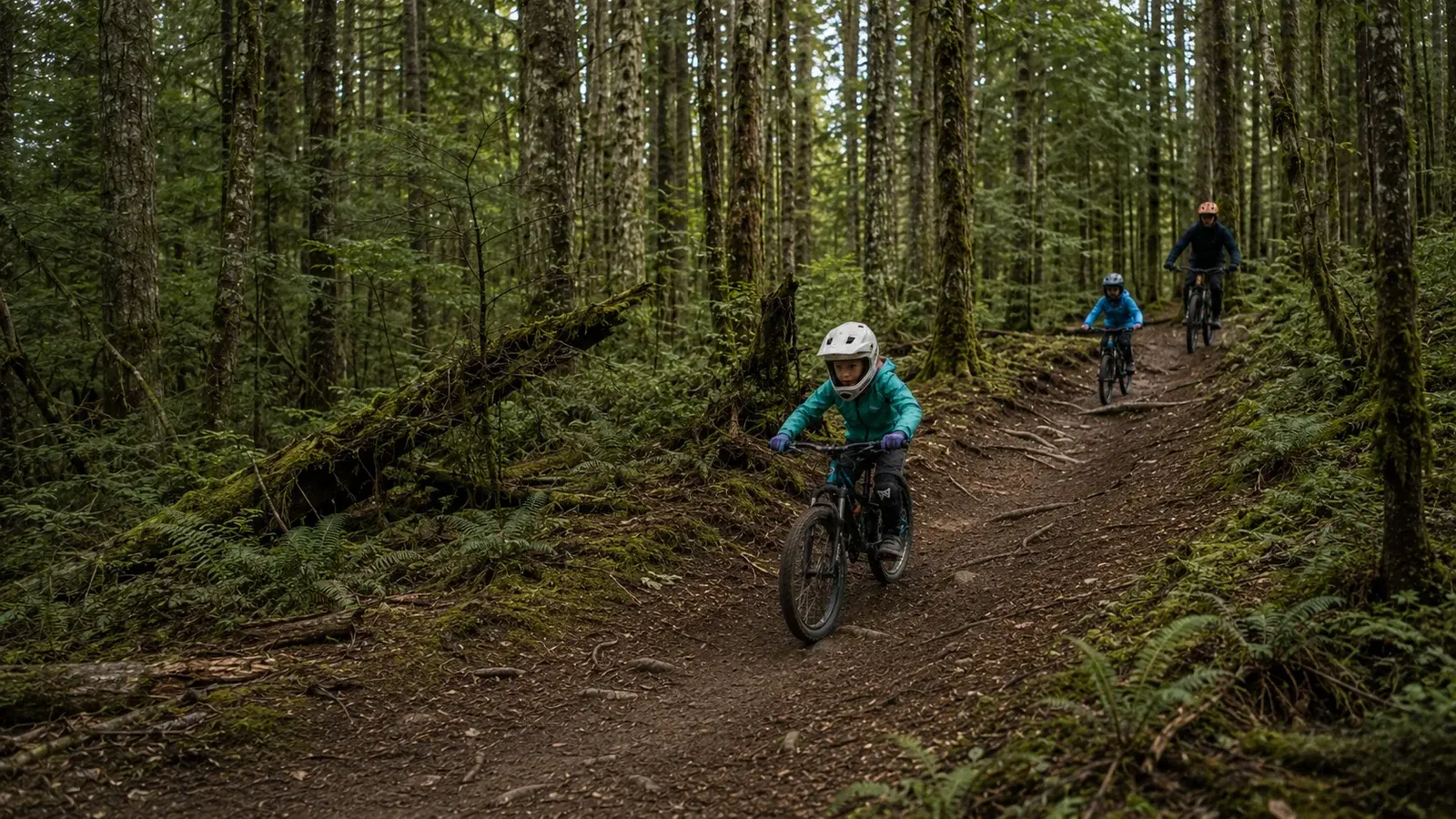 Young mountain bikers riding a rooty forest trail on Mount Fromme