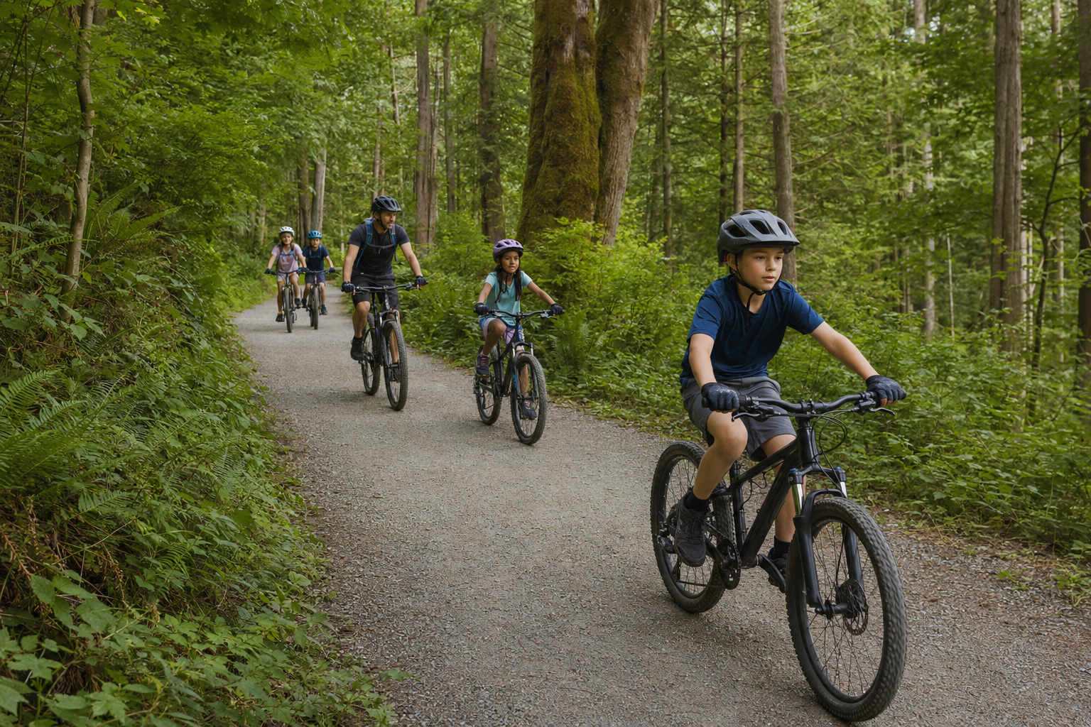 A coach riding with a small group of children on a gentle forest trail