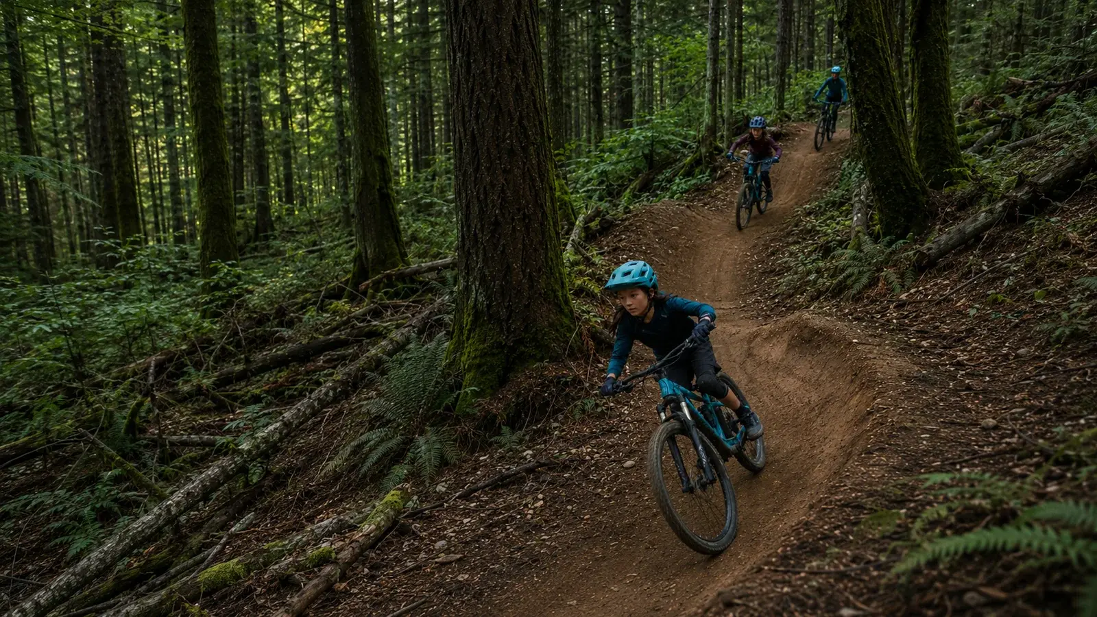 A group of girls mountain biking down a forest trail on Mount Fromme