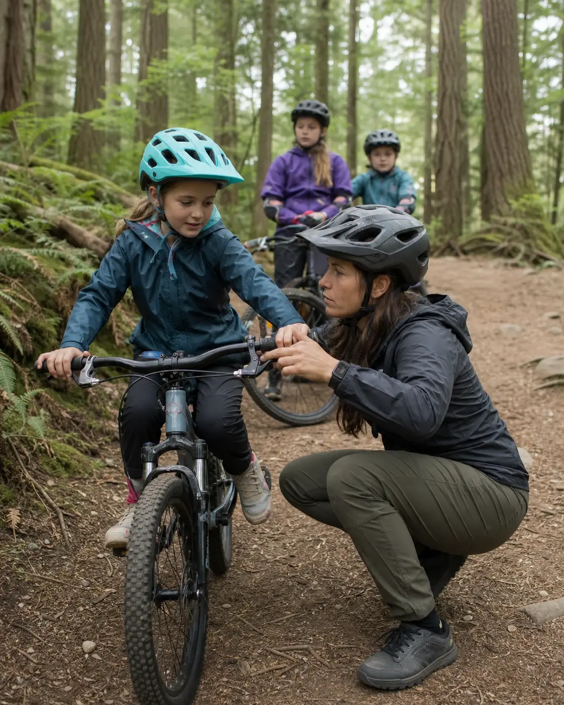 A mountain bike coach showing a young rider how to use the brake beside an easy forest trail
