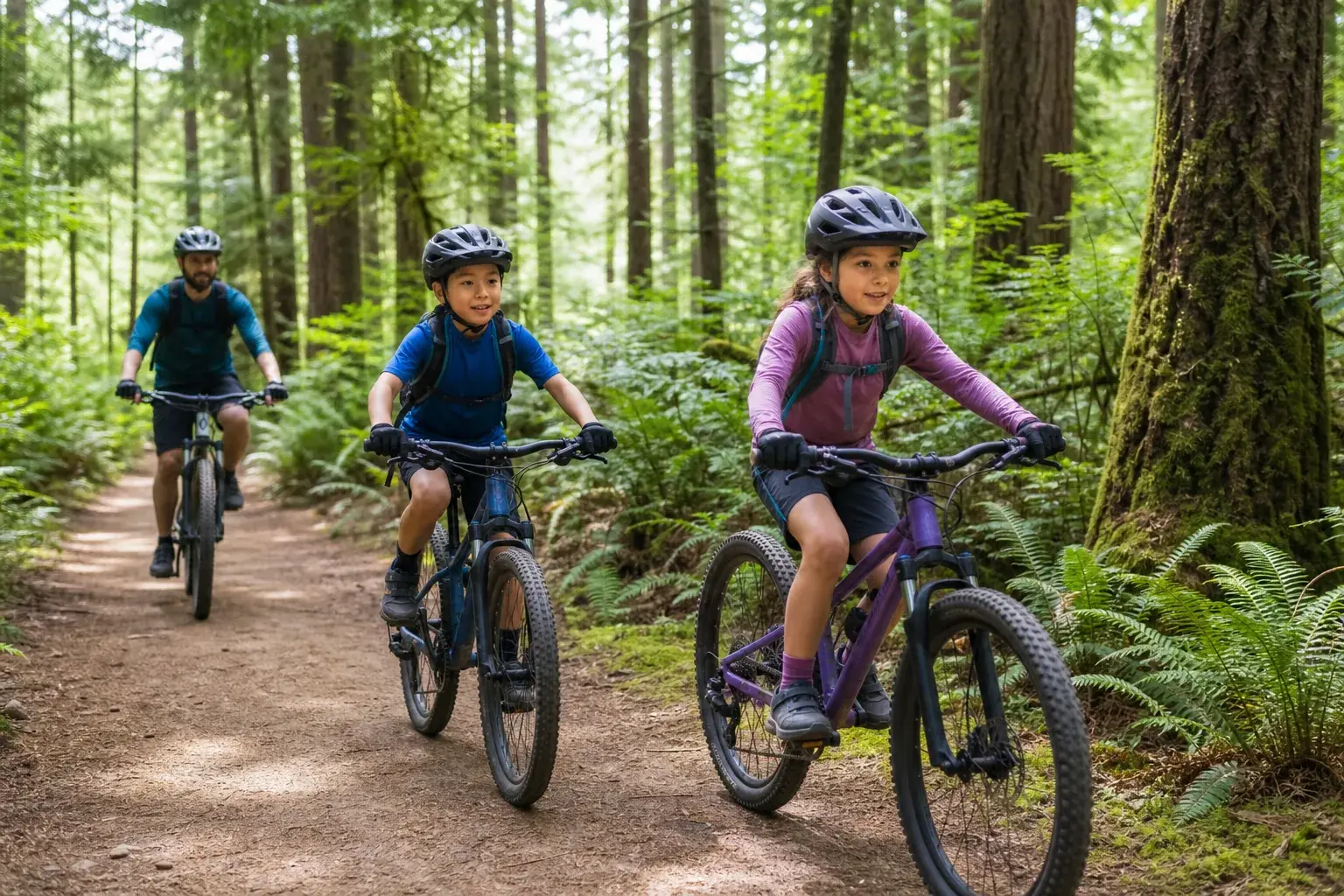 Two young riders and their coach exploring an easy North Vancouver forest trail