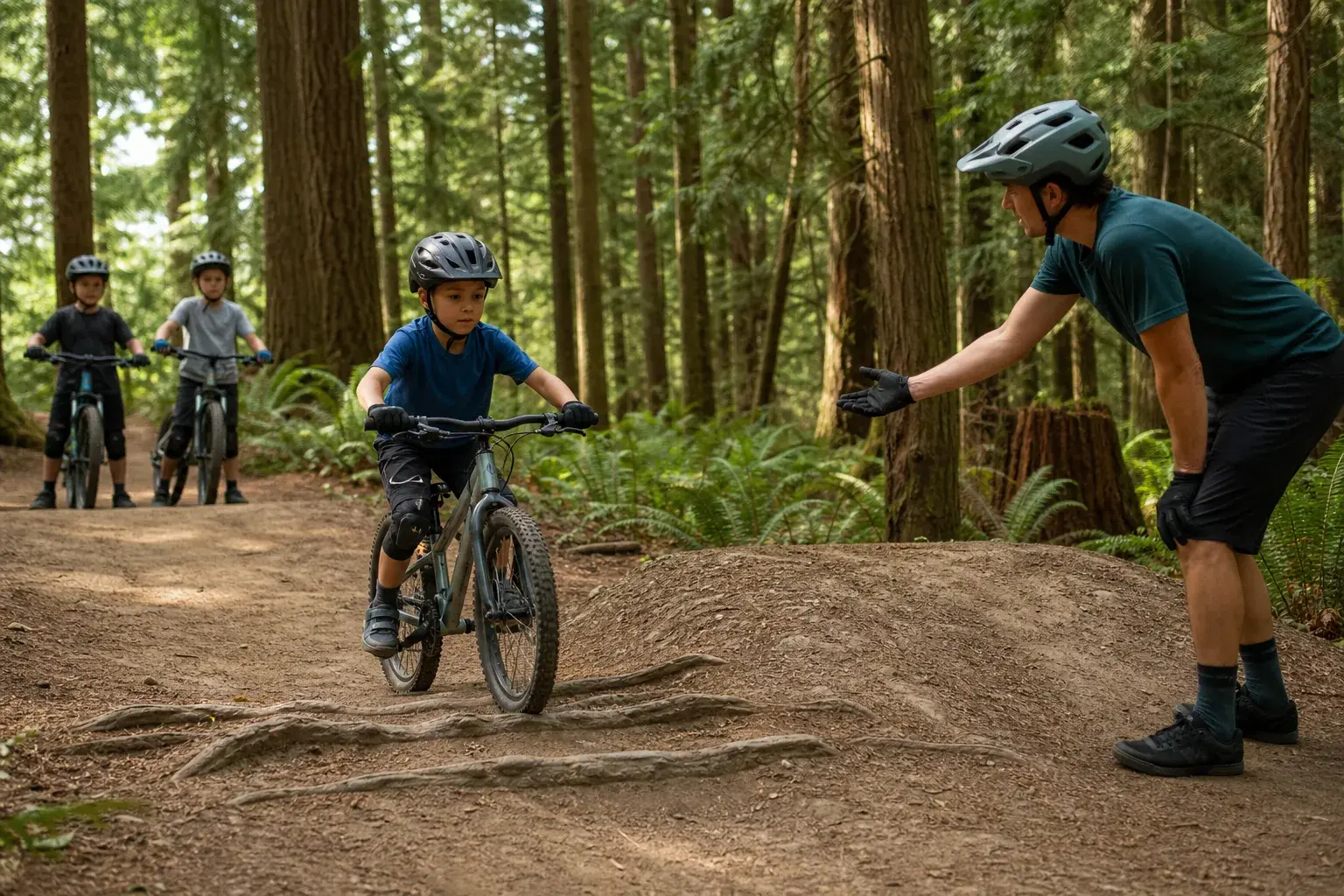 A young rider practising a manageable root crossing while their coach guides them from beside the trail