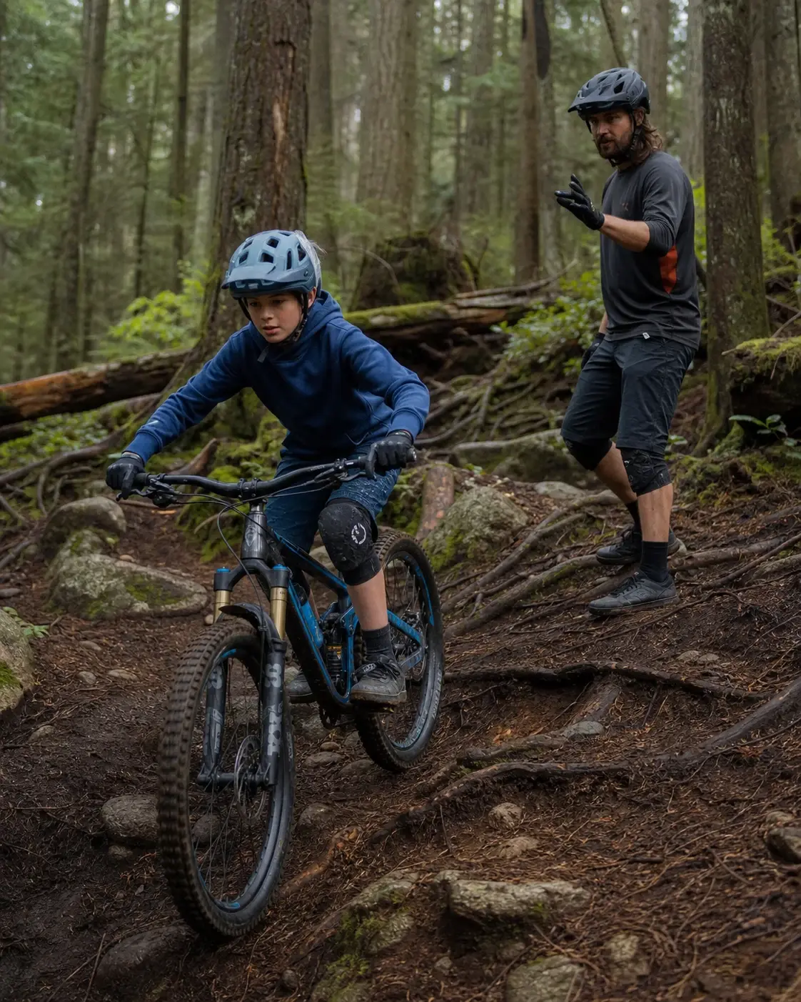 A mountain bike coach gives a rider a compact line cue while they apply it through roots on the trail