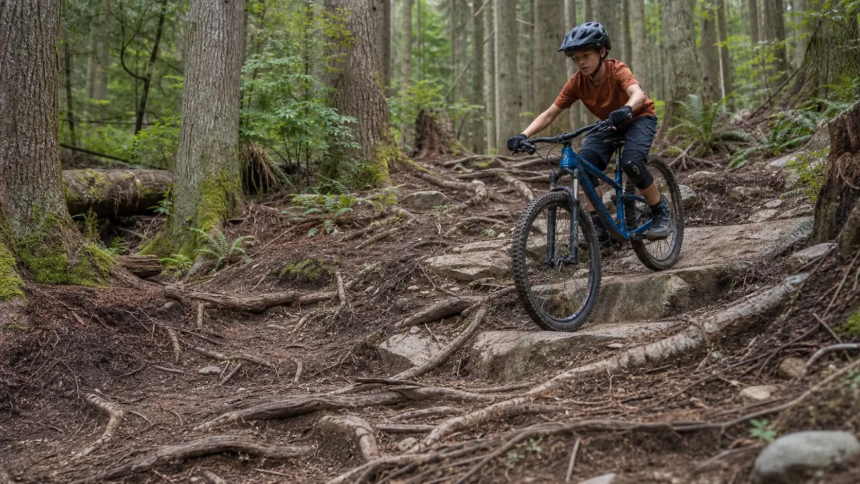 A young mountain biker reads a root-and-rock line before rolling through it with control