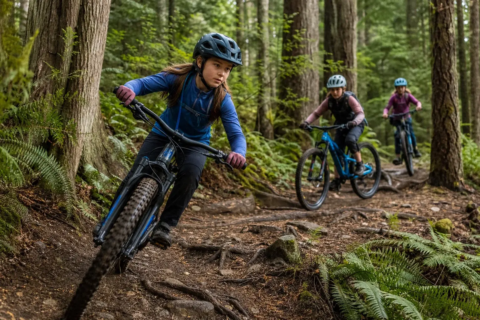 Three girls riding a rooty blue-level mountain bike trail together in the North Shore forest